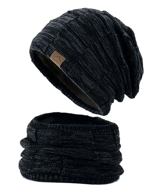 Fashion Black Gray Woolen Knitted Label Scarf Hat Set