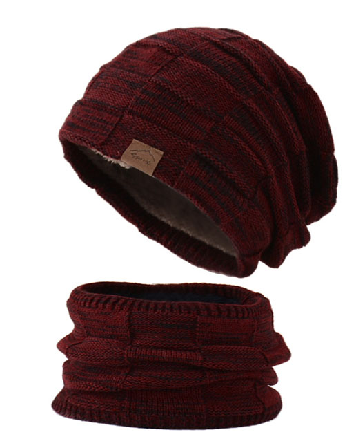 Fashion Wine Red Woolen Knitted Label Scarf Hat Set