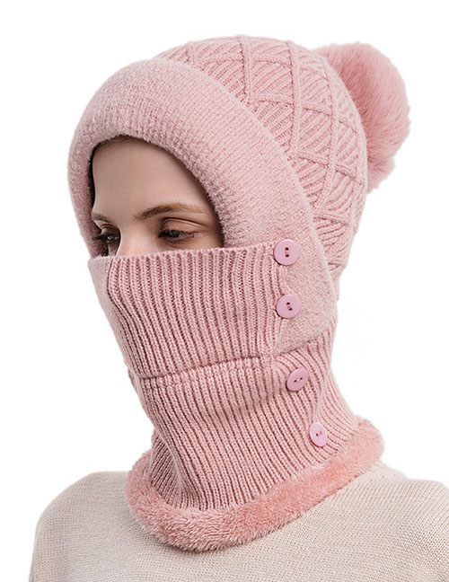Fashion Pink Woolen Knitted Button Hood Scarf Set