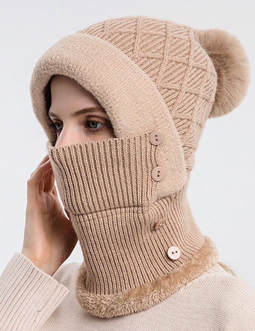 Fashion Khaki Woolen Knitted Button Hood Scarf Set