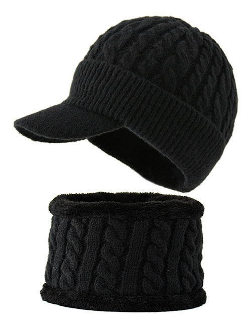 Fashion Black Woolen Knitted Long Brim Hat And Scarf Set