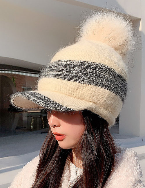 Fashion Beige Rabbit Fur Knitted Wool Ball Long Brim Baseball Cap