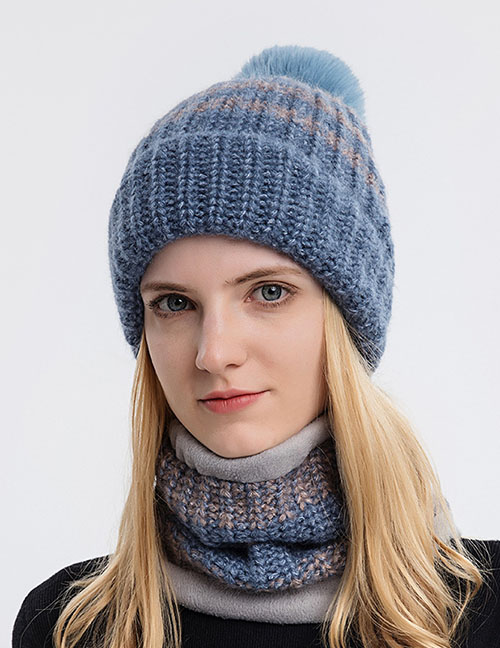 Fashion Adult Blue Two-piece Woolen Knitted Woolen Ball Cap And Scarf