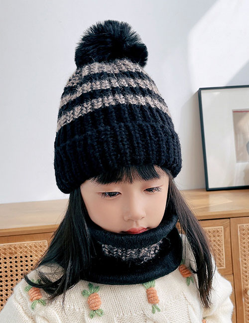 Fashion Children Black Two-piece Woolen Knitted Woolen Ball Cap And Scarf