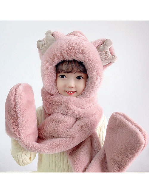 Fashion Skin Powder Plush Hat Scarf Gloves All-in-one Suit With Ears