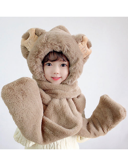Fashion Khaki Plush Hat Scarf Gloves All-in-one Suit With Ears