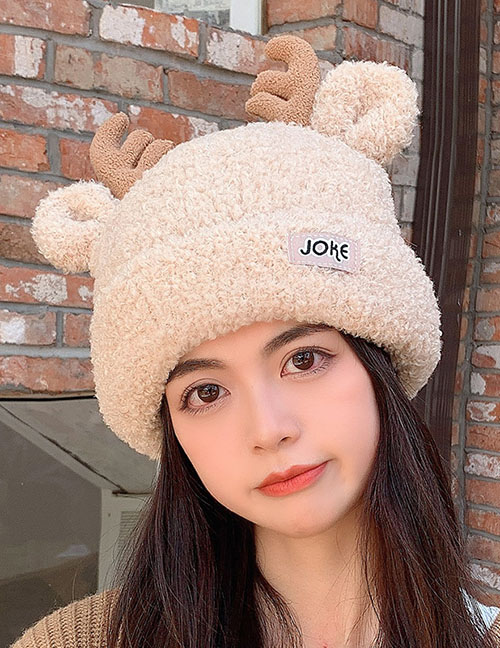 Fashion Beige Christmas Antlers Knitted Wool Beanie
