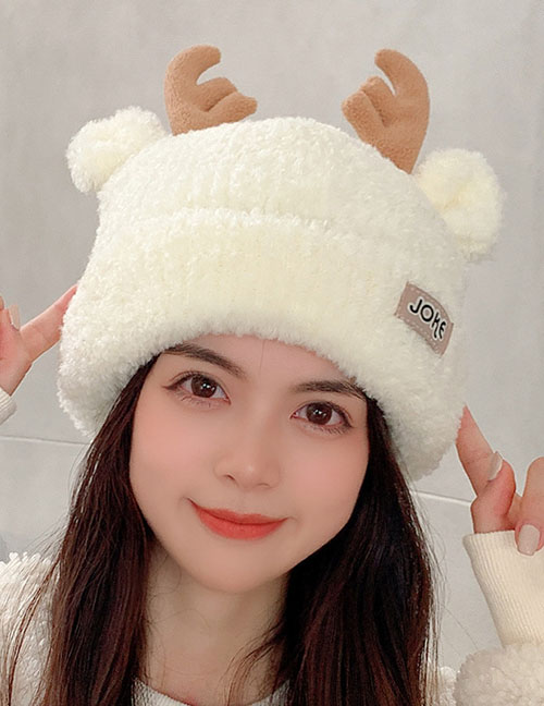 Fashion Milky White Christmas Antlers Knitted Wool Beanie