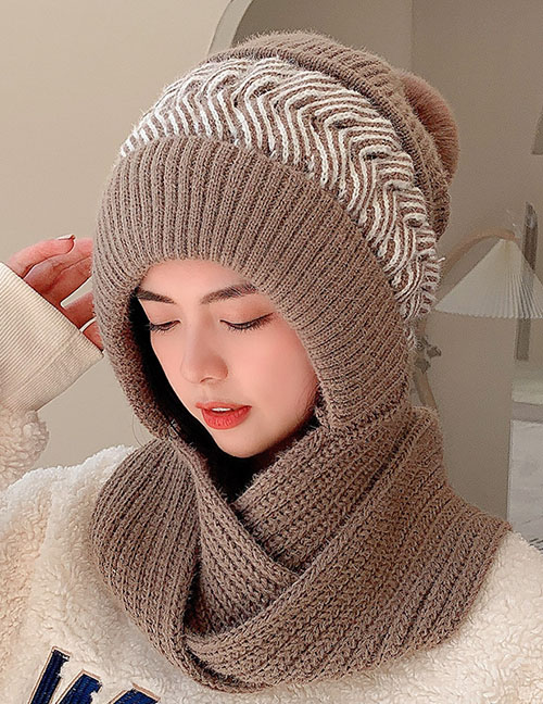 Fashion Adult Khaki Woolen Knitted Cap And Scarf All-in-one Suit