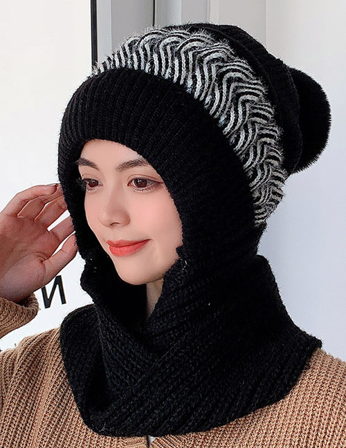 Fashion Adult Black All-in-one Set Of Knitted Woolen Cap And Scarf