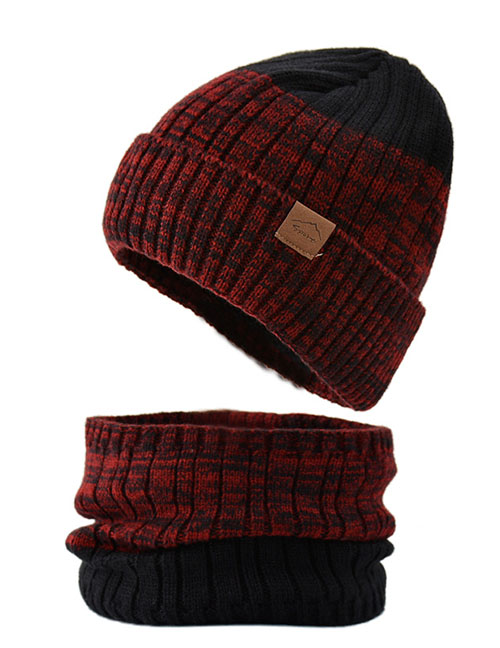 Fashion Double Color (burgundy) Woolen Knitted Flanging Pullover Cap And Scarf Set
