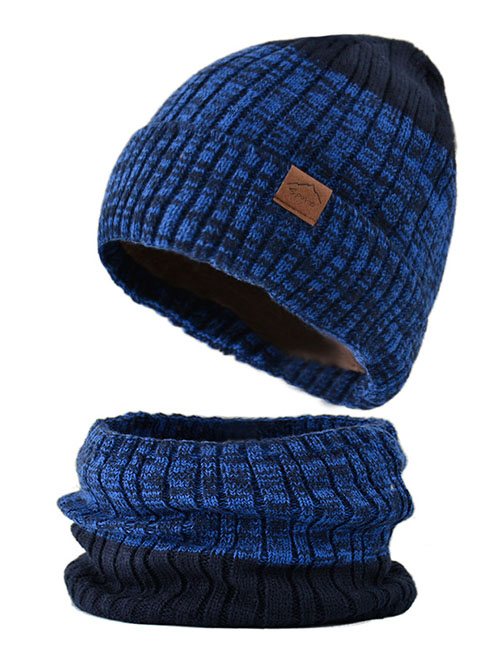 Fashion Two-color (sapphire Blue) Woolen Knitted Flanging Pullover Cap And Scarf Set