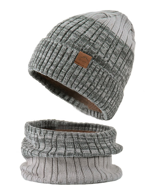 Fashion Two-color (gray) Woolen Knitted Flanging Cap And Scarf Set