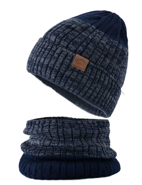 Fashion Two-color (navy) Woolen Knitted Flanging Pullover Cap And Scarf Set