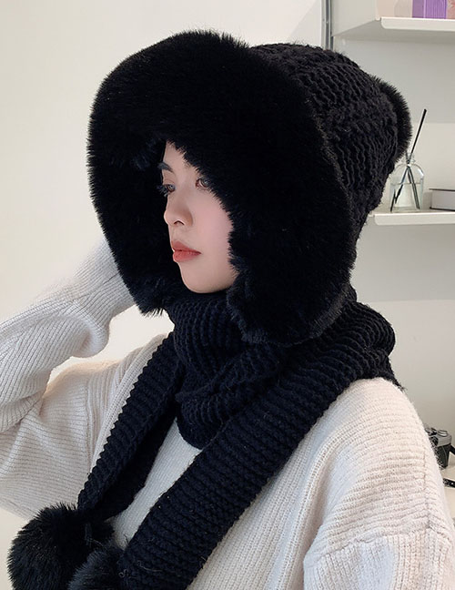 Fashion Black Woolen Knit Plush Pullover Cap And Scarf All-in-one Suit