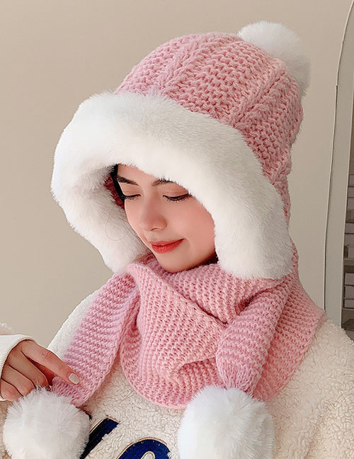 Fashion Pink Woolen Knit Plush Pullover Cap And Scarf All-in-one Suit