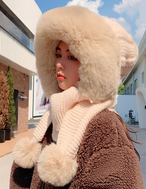 Fashion Beige Woolen Knit Plush Pullover Cap And Scarf All-in-one Suit