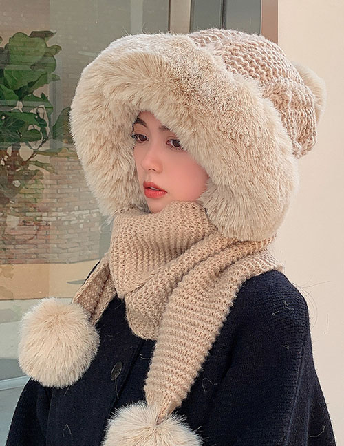 Fashion Khaki Woolen Knit Plush Pullover Cap And Scarf All-in-one Suit