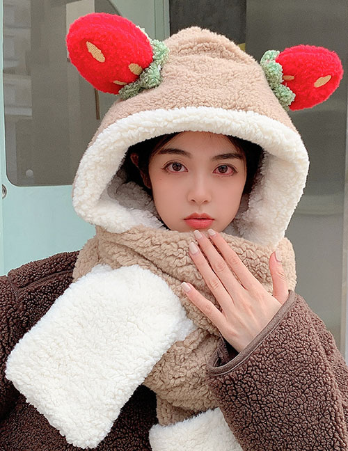 Fashion Khaki Lamb Wool Strawberry Ears Scarf Hat Gloves All-in-one Suit