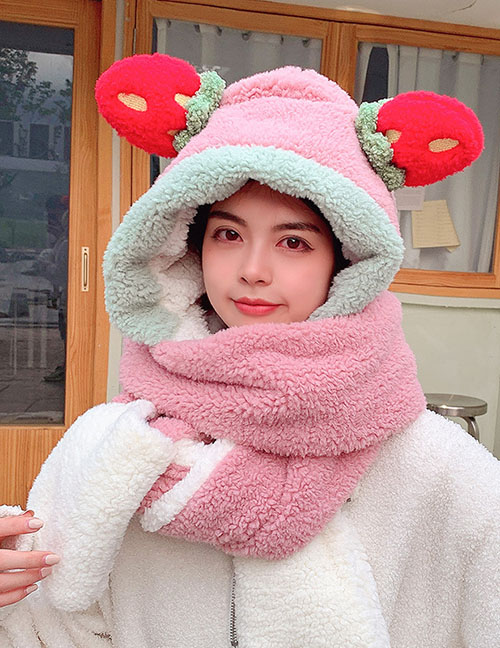 Fashion Pink Lamb Wool Strawberry Ears Scarf Hat Gloves All-in-one Suit