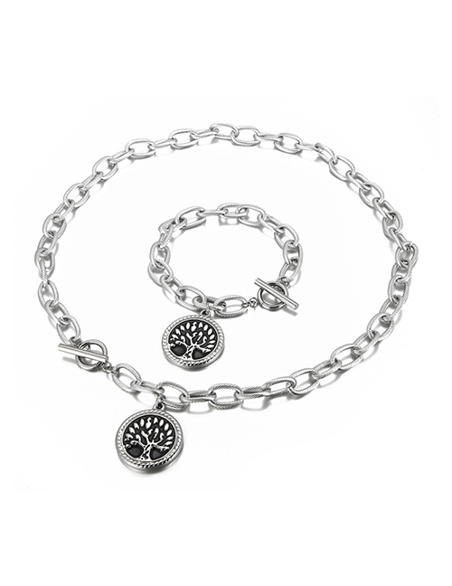 Fashion Steel Color Titanium Steel Round Leaf Ot Buckle Necklace And Bracelet Set