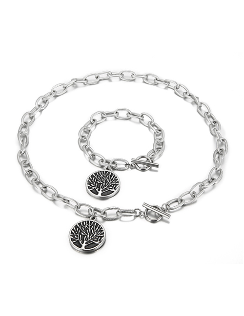 Fashion Steel Color Stainless Steel Tree Of Life Medal Necklace And Bracelet Set