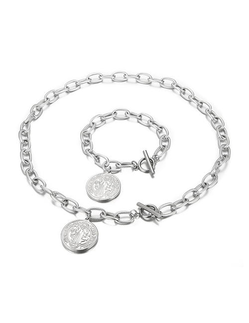 Fashion Steel Color Stainless Steel Portrait Medallion Chain Bracelet Necklace Set