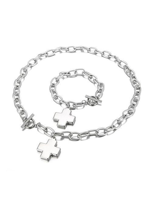 Fashion Silver Color Titanium Steel Cross Ot Buckle Necklace And Bracelet Set