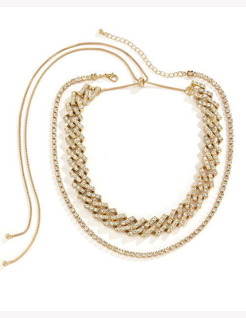 Fashion Gold Color Alloy Diamond Geometric Chain Double Necklace