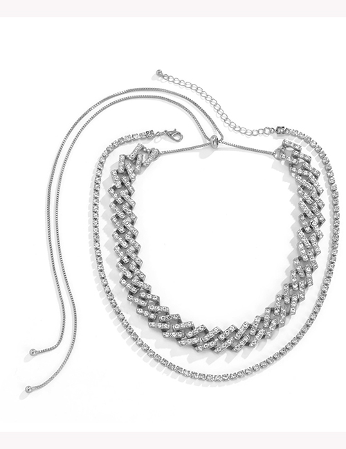 Fashion Silver Color Alloy Diamond Geometric Chain Double Necklace