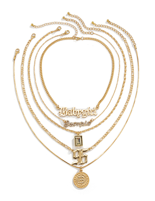 Fashion Gold Color Metal Medallion Letter Multilayer Necklace