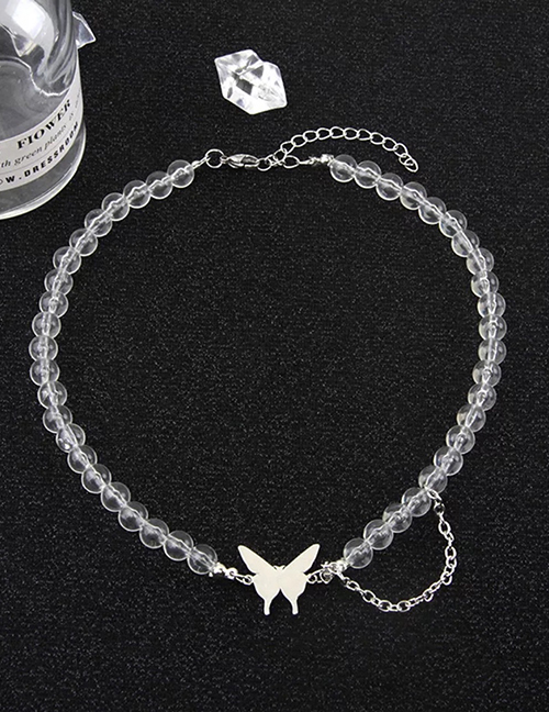 Fashion Transparent Titanium Steel Butterfly Round Bead Chain Necklace