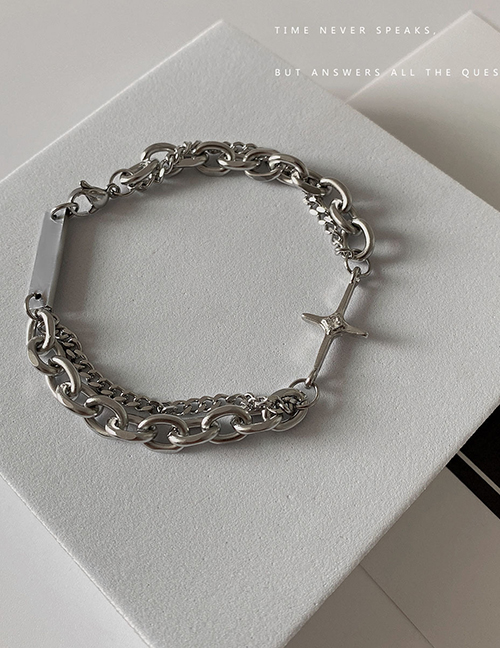 Fashion Silver Color Titanium Steel Diamond Cross Square Double-layer Bracelet