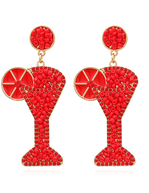 Fashion Red Alloy Dripping Rice Beads Wine Glass Earrings