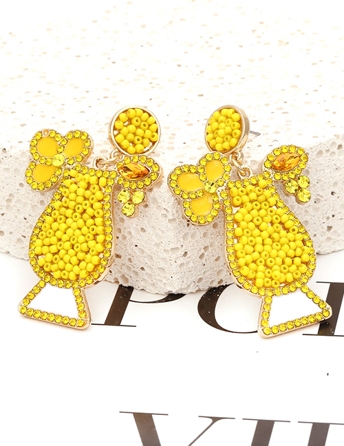 Fashion Yellow Metal Drop Oil Color Diamond Rice Bead Wine Glass Earrings