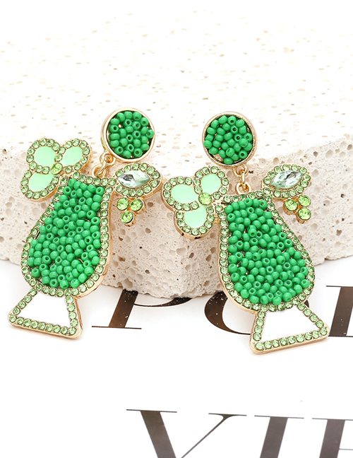 Fashion Green Metal Drop Oil Color Diamond Rice Bead Wine Glass Earrings