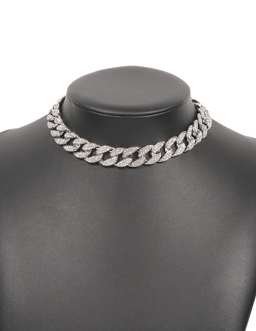 Fashion White K Alloy Full Diamond Cuban Chain Necklace