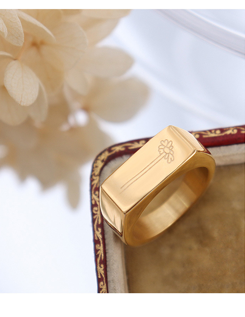 Fashion Gold Color Titanium Steel Smooth Rectangular Engraved Ring