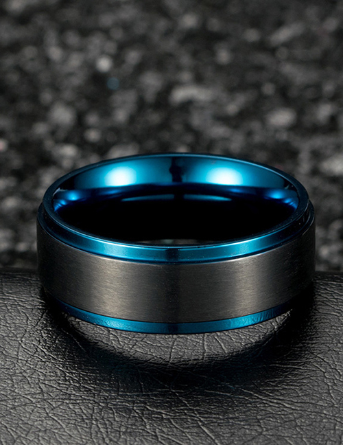 Fashion Black And Blue Titanium Steel Matte Black And Blue Geometric Ring