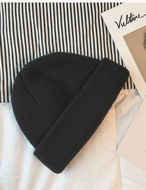 Fashion Black Woolen Knit Cuffed Landlord Hat