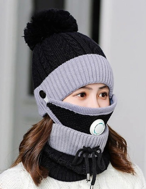Fashion Black Color-blocking Woolen Knitting Cap Mask And Scarf Set With Breathing Valve