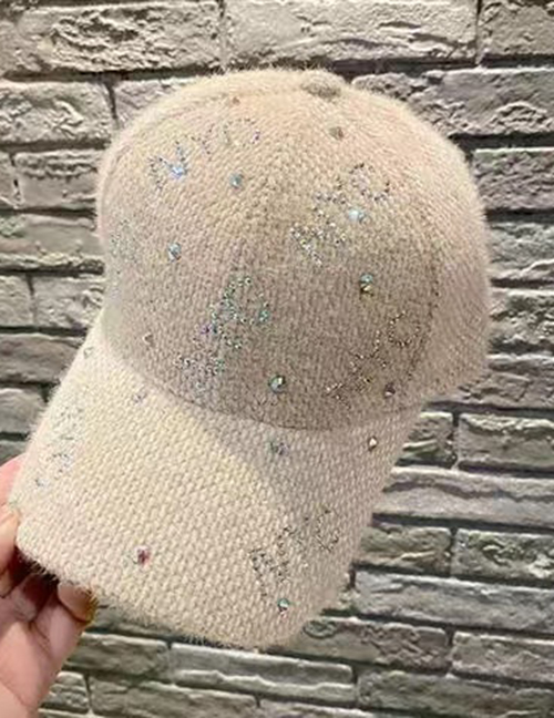 Fashion Khaki Pearl Letters Plush Baseball Cap
