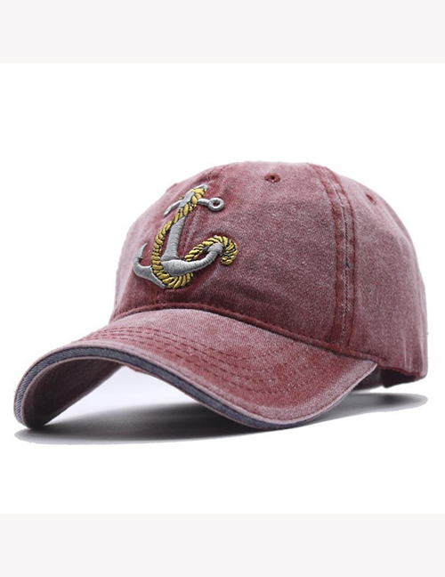 Fashion Wine Red Anchor Embroidered Soft Top Baseball Cap