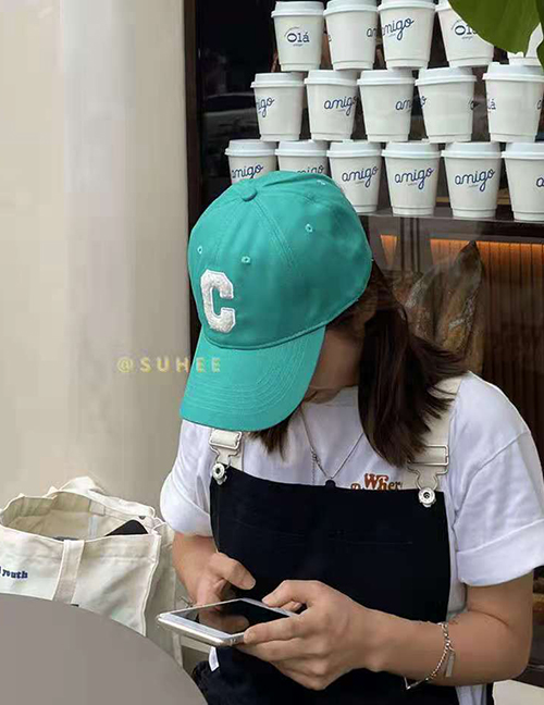 Fashion Lake Blue Cotton Letter Embroidered Soft Top Baseball Cap