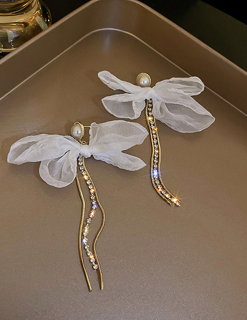 Fashion Gold Organza Bow Pearl Tassel Earrings
