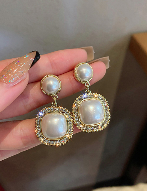 Fashion Gold Alloy Diamond Square Pearl Stud Earrings