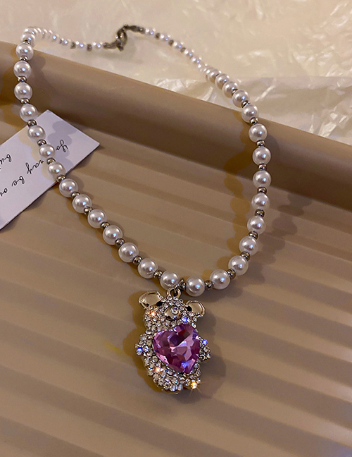 Fashion Necklace-little Bear Alloy Inlaid Love Diamond Bear Pearl Beaded Necklace