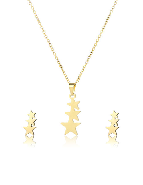 Fashion Gold Color Stainless Steel Gold-plated Five-pointed Star Stud Earrings Necklace Set