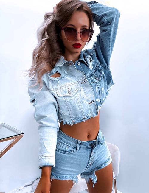 Fashion Denim Blue Ripped Double-pocket Buttoned Cropped Jacket
