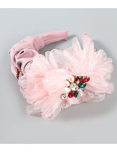 Fashion Pink Fabric Diamond-studded And Floral Broad-brimmed Headband
